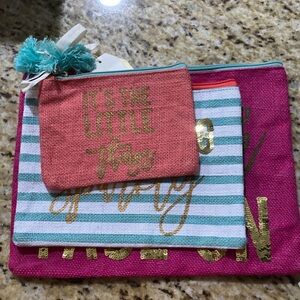 NWT Mud Pie 3 Pc Set Sequin Burlap Pouches Makeup Bags Water-Resistant S M L